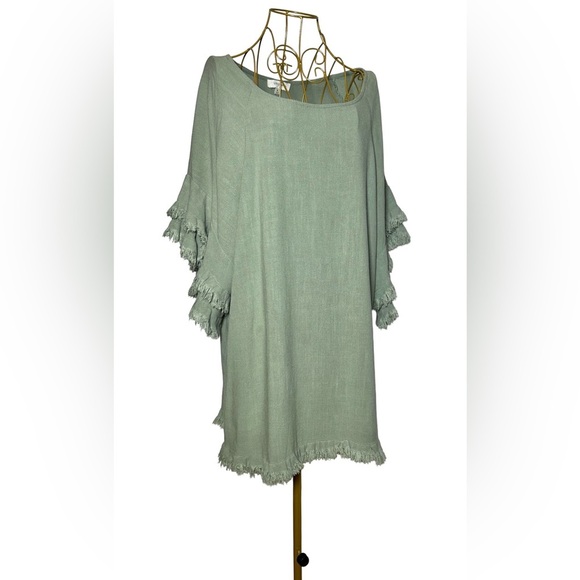 Umgee Boho Linen Blend Long Green Tunic Top w/ Fringed & Tiered Elbow Sleeves XL - Picture 2 of 12